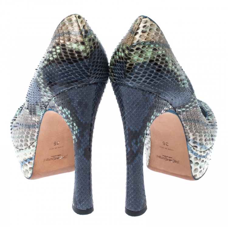 Pre Owned Saint Laurent Paris Metallic Python Leather Palais Peep Toe Platform Pumps Size 36