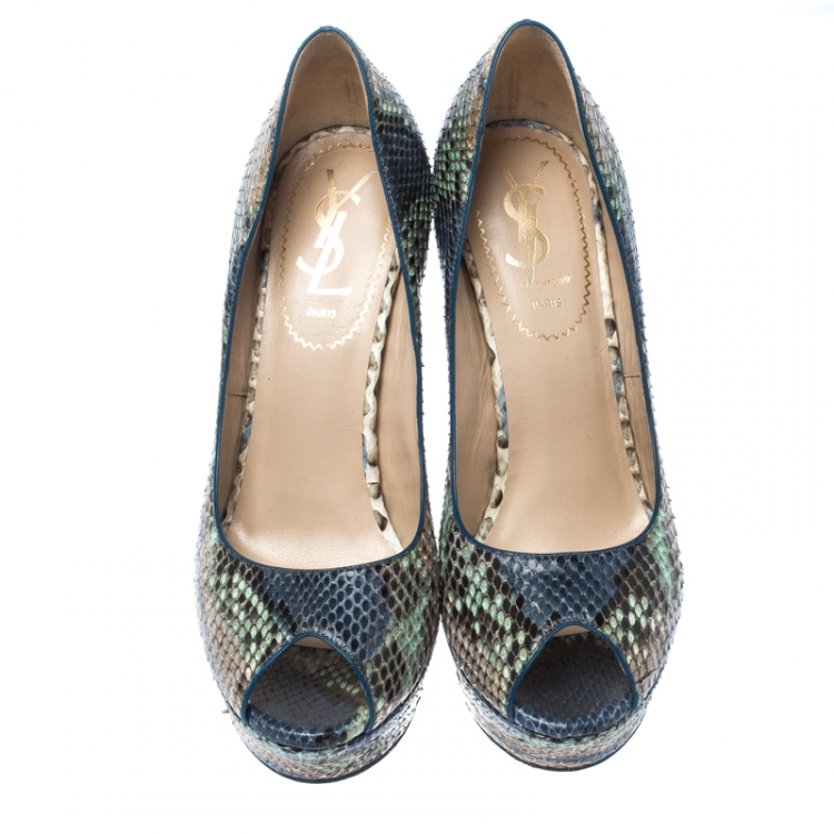 Pre Owned Saint Laurent Paris Metallic Python Leather Palais Peep Toe Platform Pumps Size 36