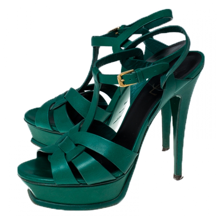 Pre Owned Saint Laurent Paris Green Leather Tribute Platform Sandals Size 39.5