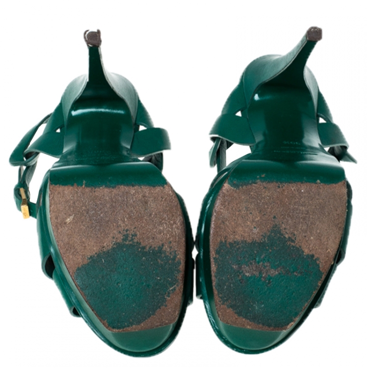 Pre Owned Saint Laurent Paris Green Leather Tribute Platform Sandals Size 39.5