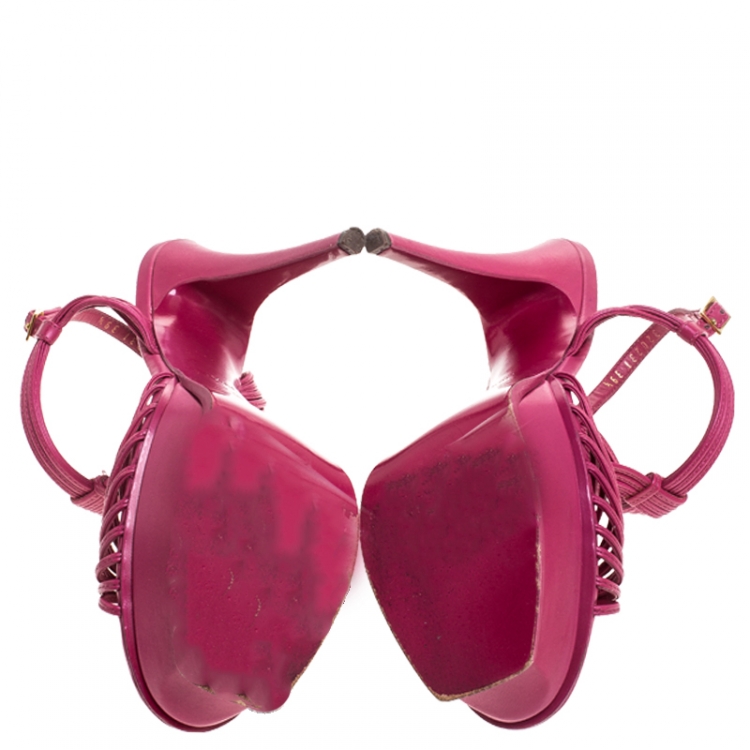 Pre Owned Saint Laurent Paris Magenta Cord Leather T-Strap Platform Sandals Size 39.5
