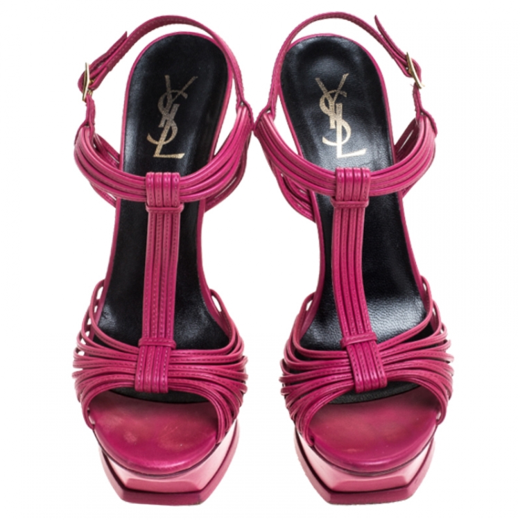 Pre Owned Saint Laurent Paris Magenta Cord Leather T-Strap Platform Sandals Size 39.5