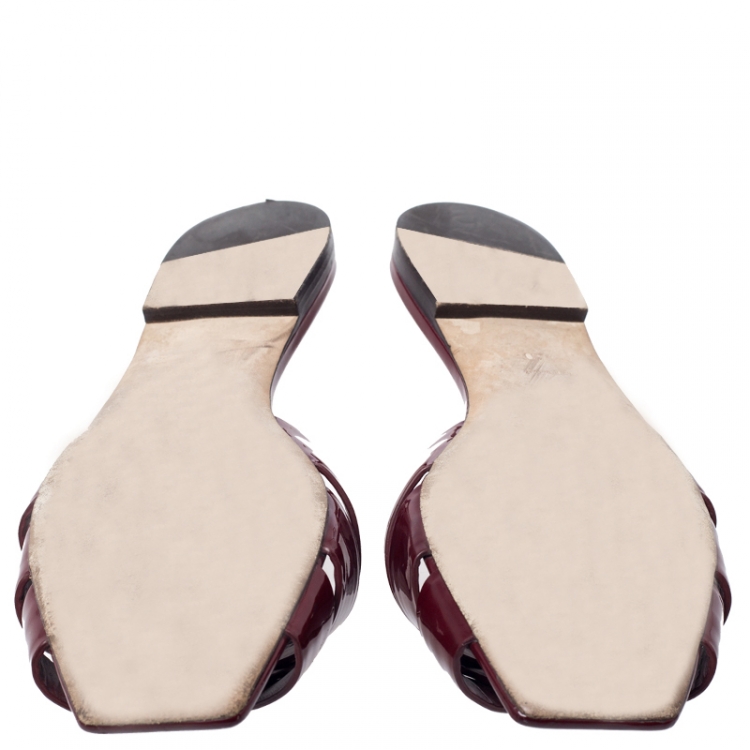 Pre Owned Saint Laurent Paris Burgundy Patent Leather Tribute Flat Slides Size 40