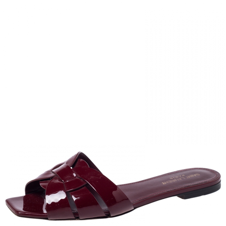 Pre Owned Saint Laurent Paris Burgundy Patent Leather Tribute Flat Slides Size 40