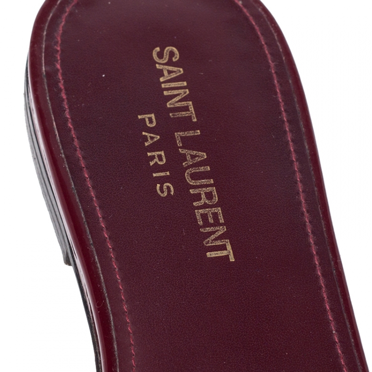 Pre Owned Saint Laurent Paris Burgundy Patent Leather Tribute Flat Slides Size 40