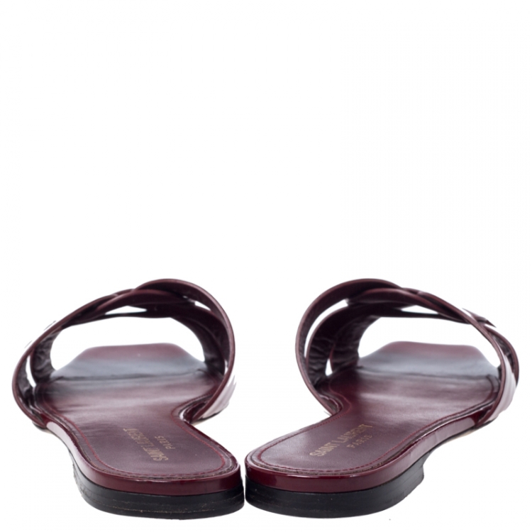 Pre Owned Saint Laurent Paris Burgundy Patent Leather Tribute Flat Slides Size 40