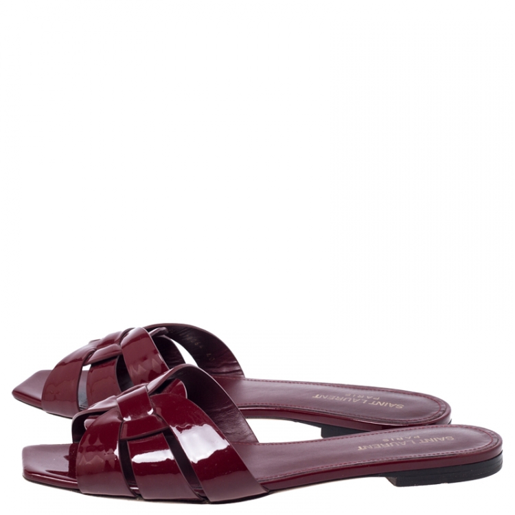 Pre Owned Saint Laurent Paris Burgundy Patent Leather Tribute Flat Slides Size 40