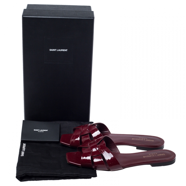 Pre Owned Saint Laurent Paris Burgundy Patent Leather Tribute Flat Slides Size 40