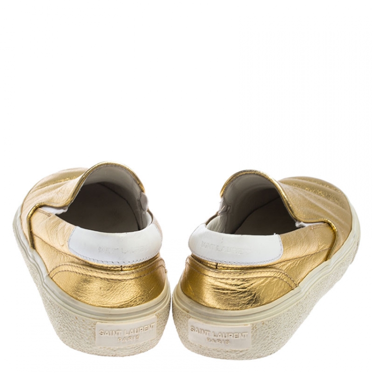 Pre Owned  Saint Laurent Metallic Gold Leather Slip On Loafers Size 36