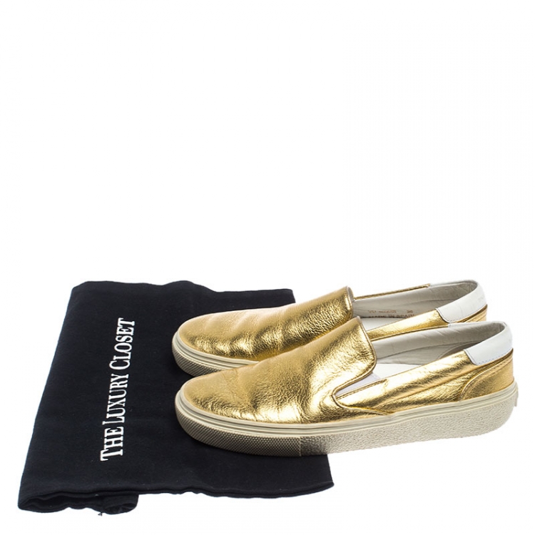 Pre Owned  Saint Laurent Metallic Gold Leather Slip On Loafers Size 36