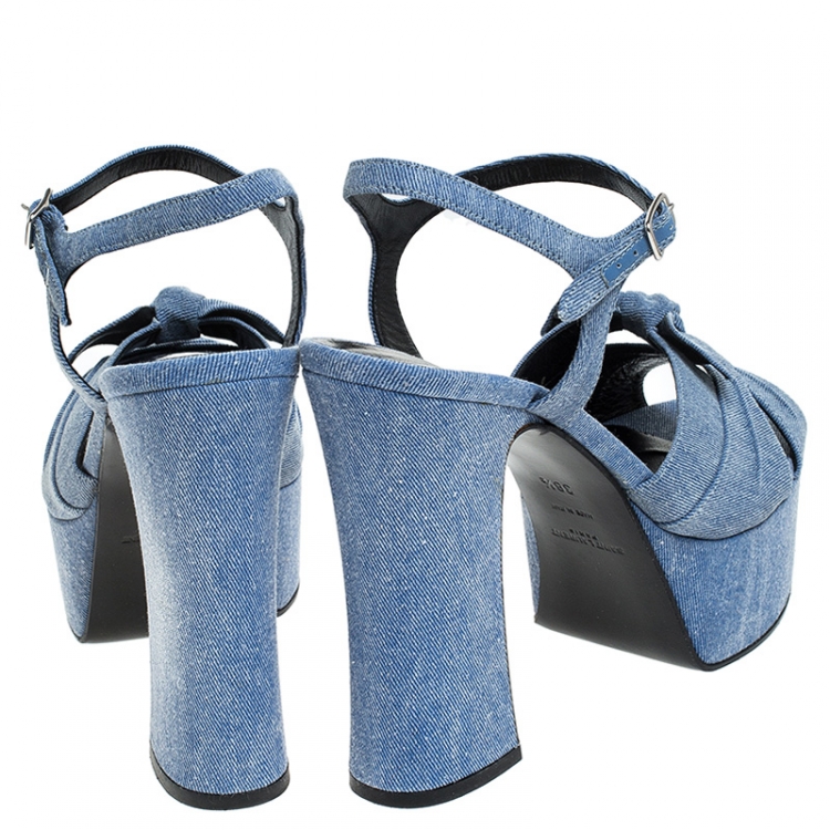 Pre Owned Saint Laurent Blue Denim Fabric Candy Bow Platform Sandals Size 38.5