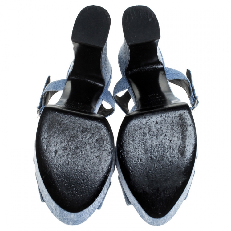 Pre Owned Saint Laurent Blue Denim Fabric Candy Bow Platform Sandals Size 38.5