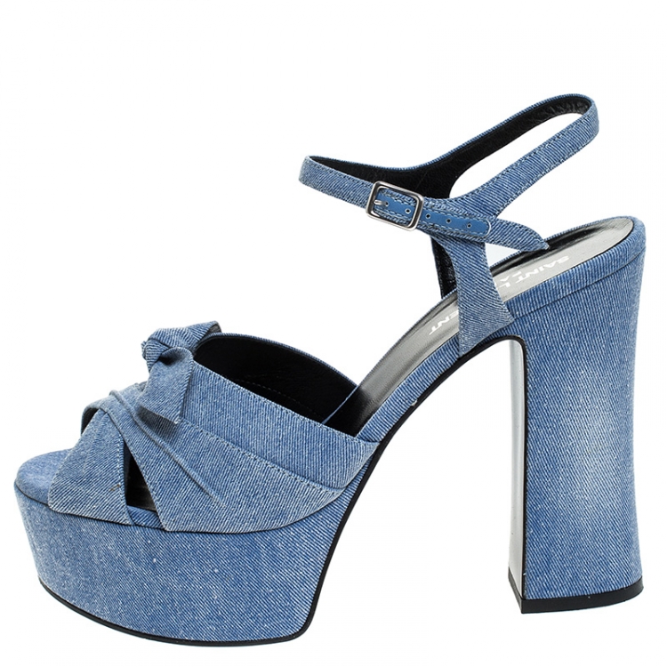 Pre Owned Saint Laurent Blue Denim Fabric Candy Bow Platform Sandals Size 38.5