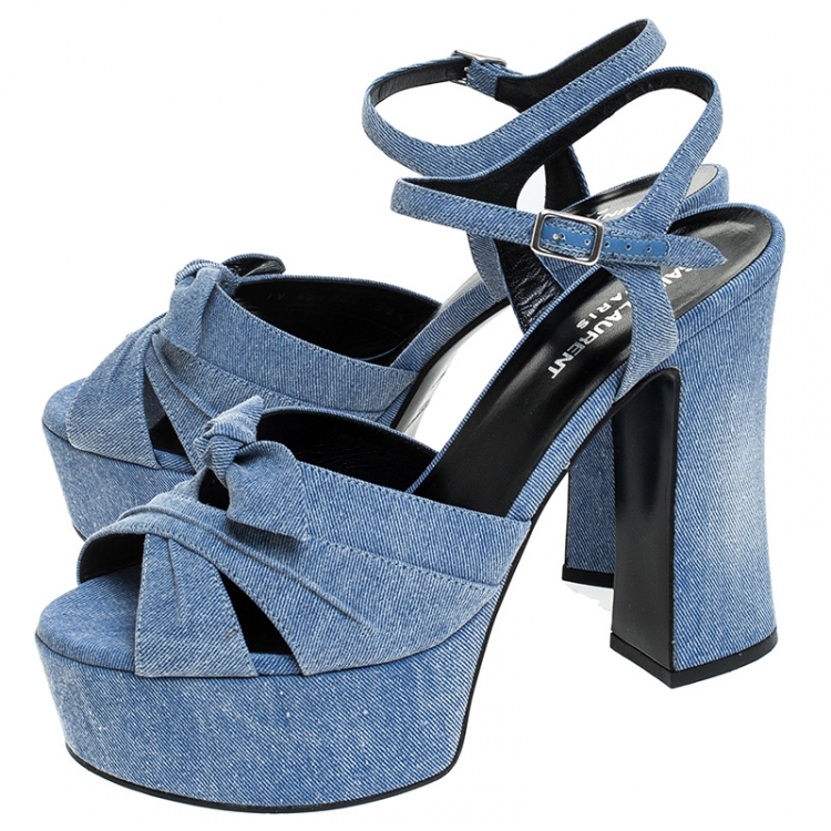Pre Owned Saint Laurent Blue Denim Fabric Candy Bow Platform Sandals Size 38.5