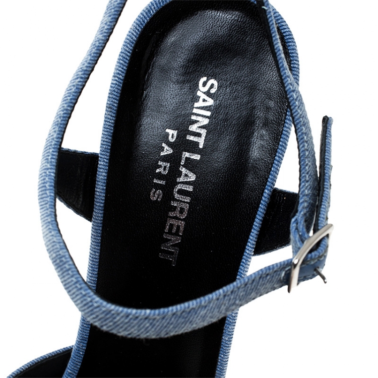 Pre Owned Saint Laurent Blue Denim Fabric Candy Bow Platform Sandals Size 38.5