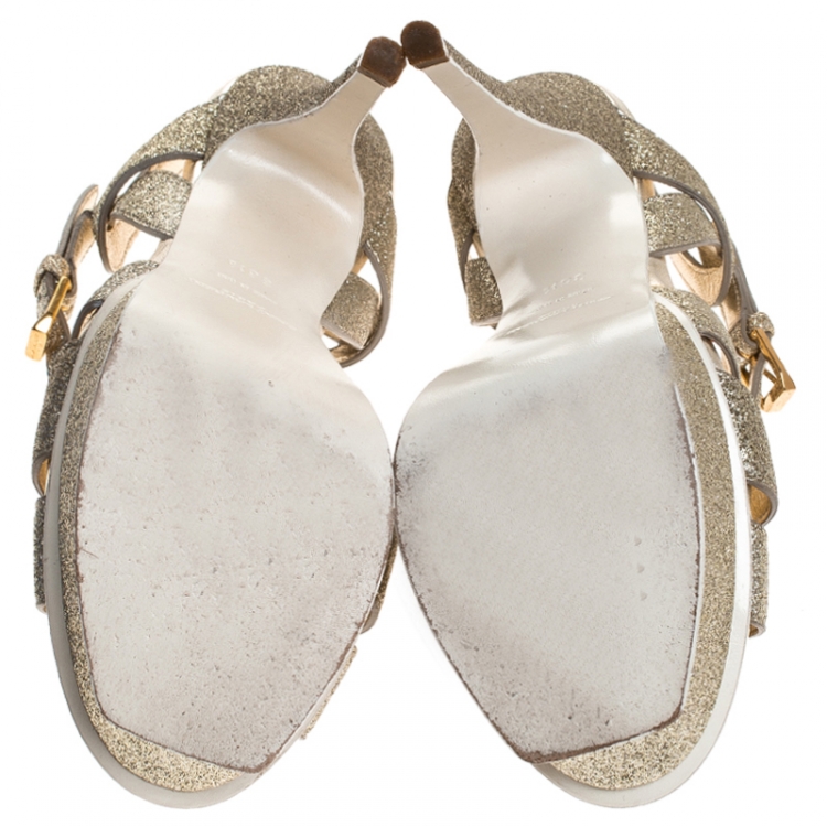 Pre Owned Saint Laurent Paris Metallic Gold Glitter Leather Tribute Platform Sandals Size 35.5