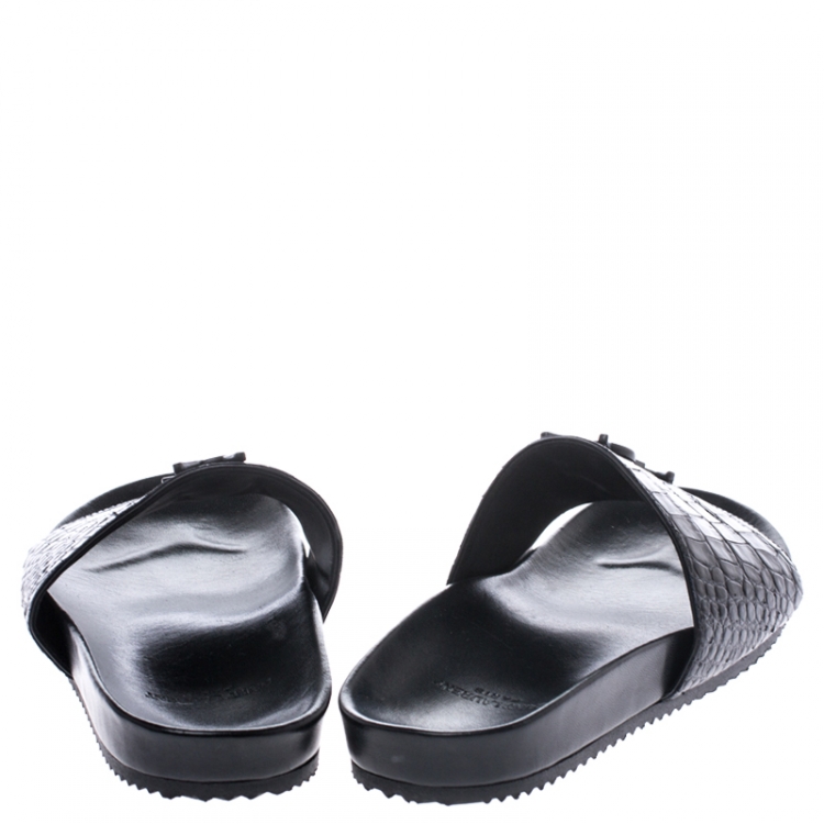 مملوكة مسبقًا Saint Laurent Paris Croc Black Leather Joan Flat Slides Size 37.5
