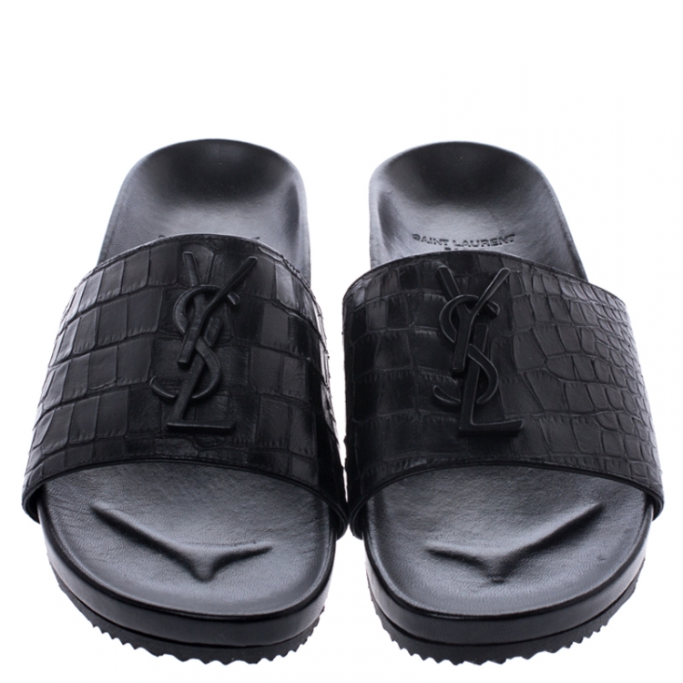 مملوكة مسبقًا Saint Laurent Paris Croc Black Leather Joan Flat Slides Size 37.5