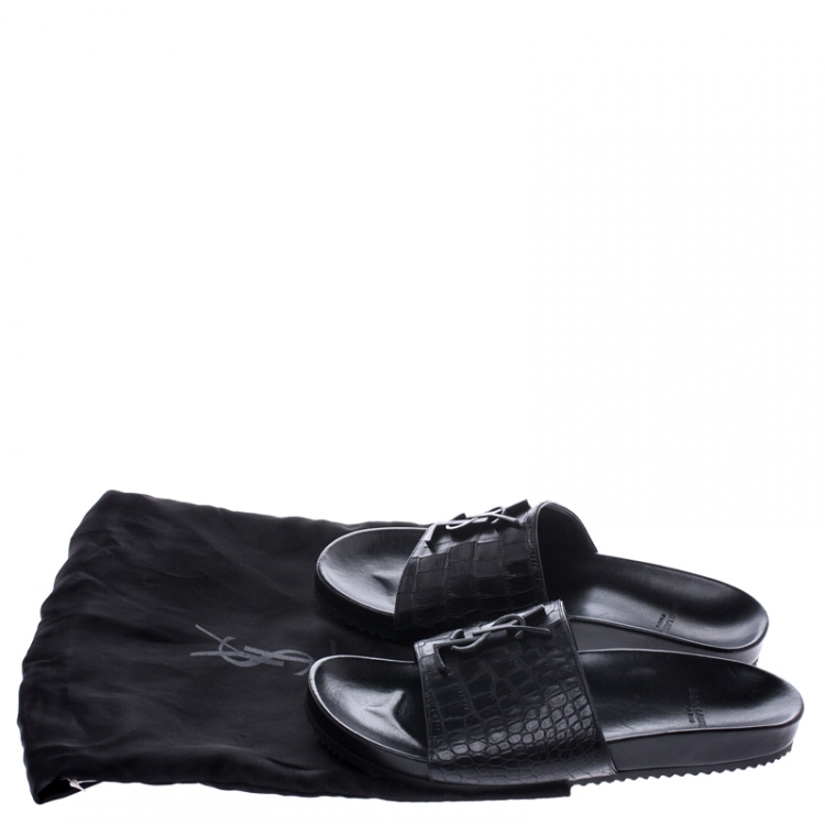 مملوكة مسبقًا Saint Laurent Paris Croc Black Leather Joan Flat Slides Size 37.5