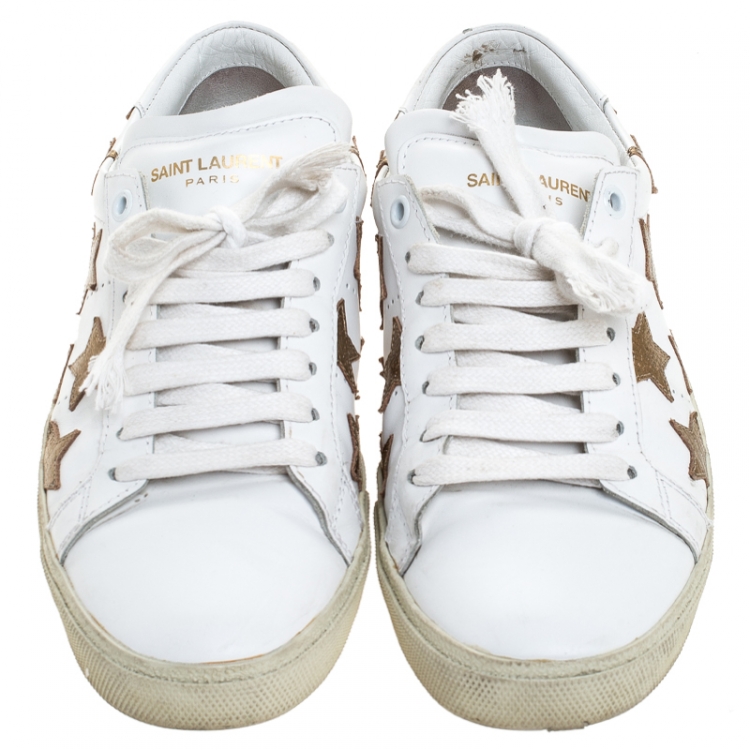 Pre Owned Saint Laurent Paris White/Gold Leather Star Alpha Low Top Sneakers Size 37