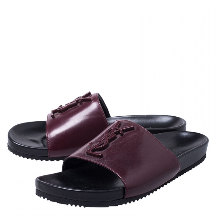 Pre Owned Saint Laurent Paris Burgundy/Black Leather Joan Flat Slides Size 37