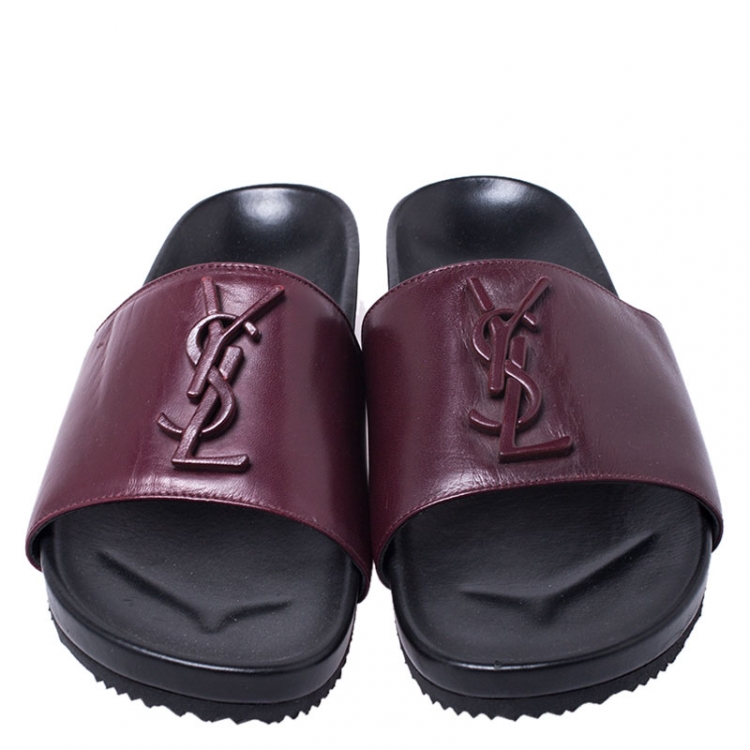 Pre Owned Saint Laurent Paris Burgundy/Black Leather Joan Flat Slides Size 37
