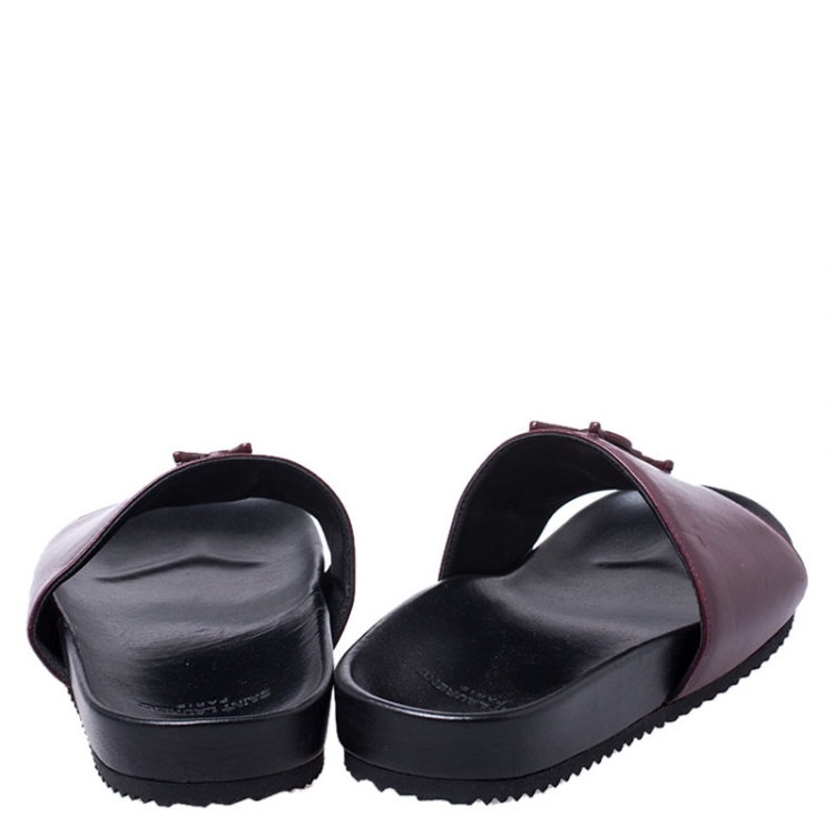 Pre Owned Saint Laurent Paris Burgundy/Black Leather Joan Flat Slides Size 37