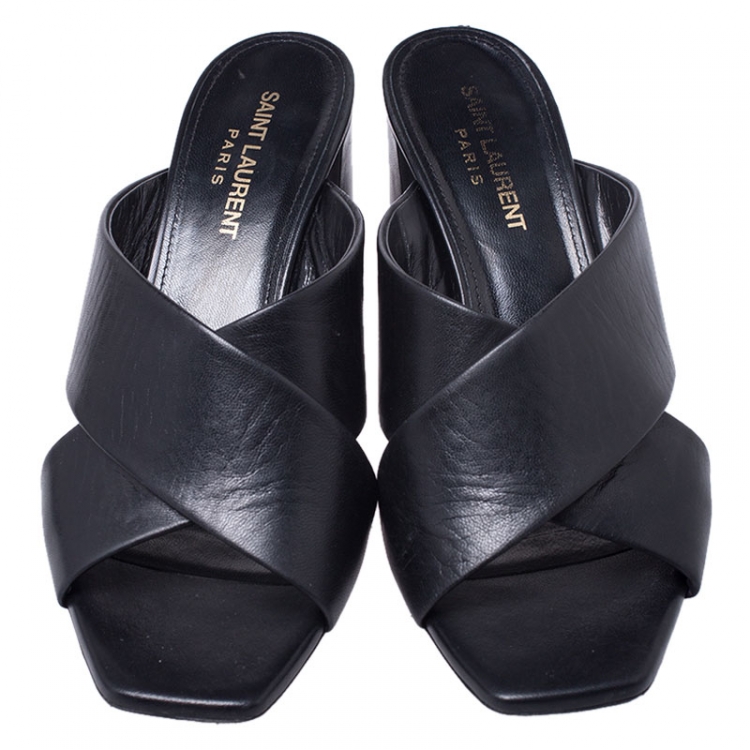 Pre Owned Saint Laurent Paris Black Leather Loulou Criss Cross Mules Size 37.5