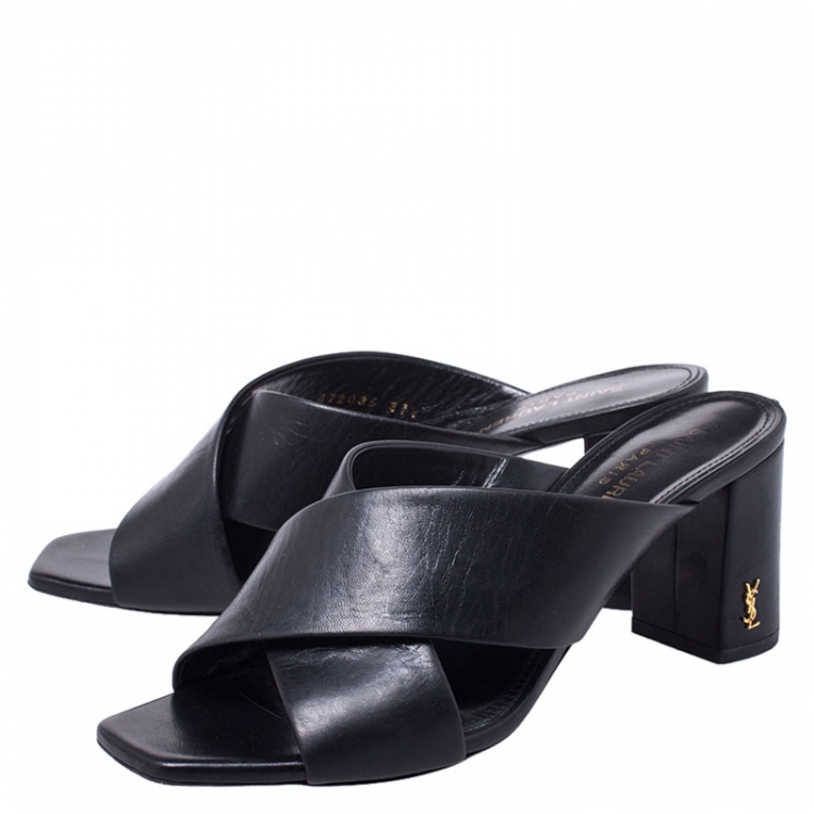 Pre Owned Saint Laurent Paris Black Leather Loulou Criss Cross Mules Size 37.5
