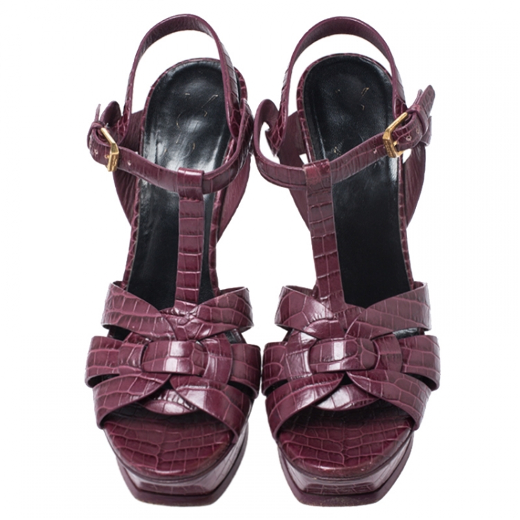 Pre Owned Saint Laurent Paris Burgundy Croc Embossed  Leather Tribute Platform Sandals Size 37
