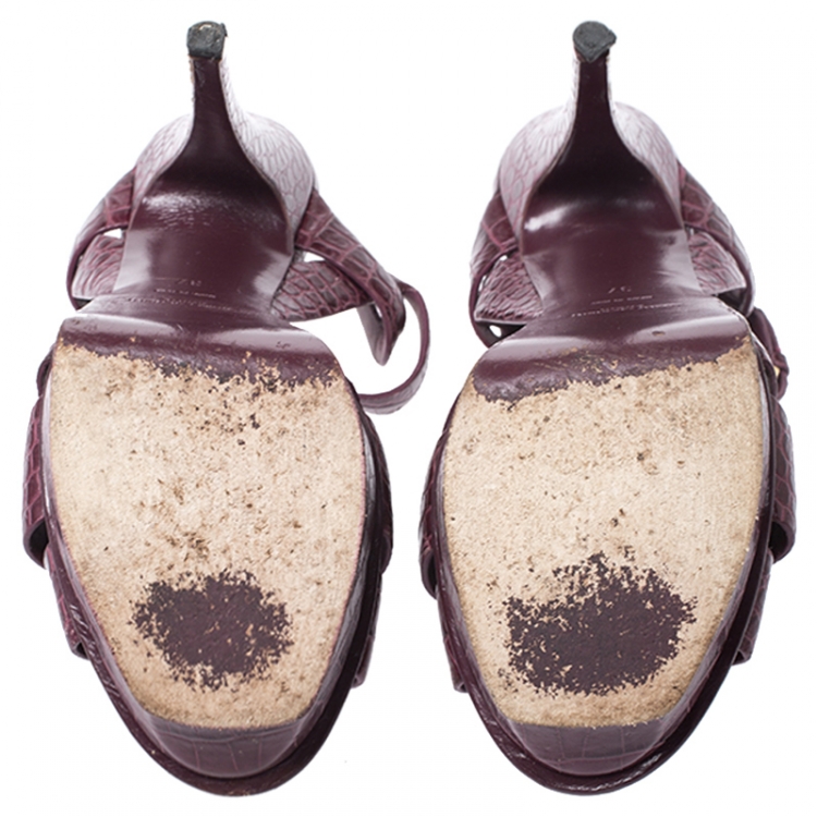Pre Owned Saint Laurent Paris Burgundy Croc Embossed  Leather Tribute Platform Sandals Size 37