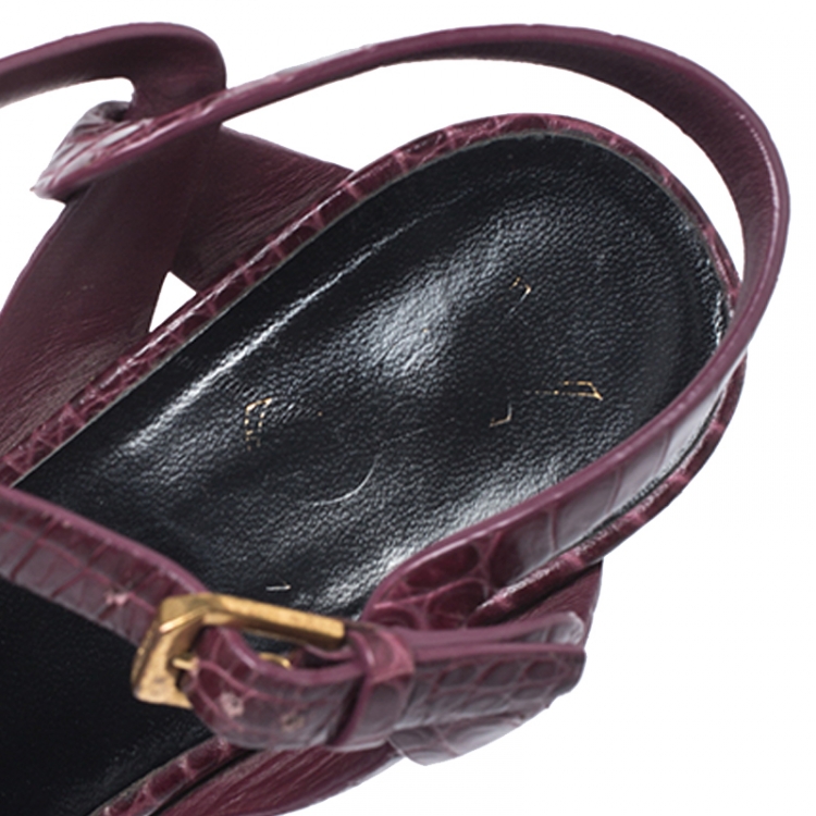 Pre Owned Saint Laurent Paris Burgundy Croc Embossed  Leather Tribute Platform Sandals Size 37