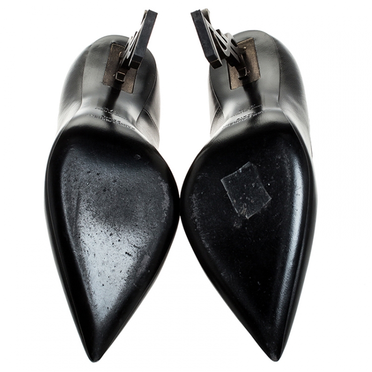 Pre Owned Saint Laurent Black Leather Logo Heel Pointed Toe Pumps Size 37.5