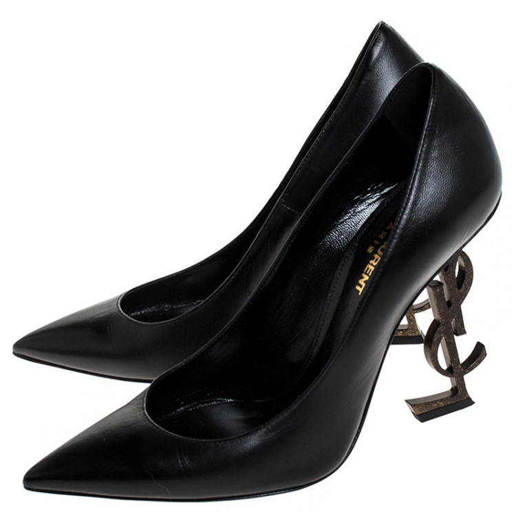 Pre Owned Saint Laurent Black Leather Logo Heel Pointed Toe Pumps Size 37.5