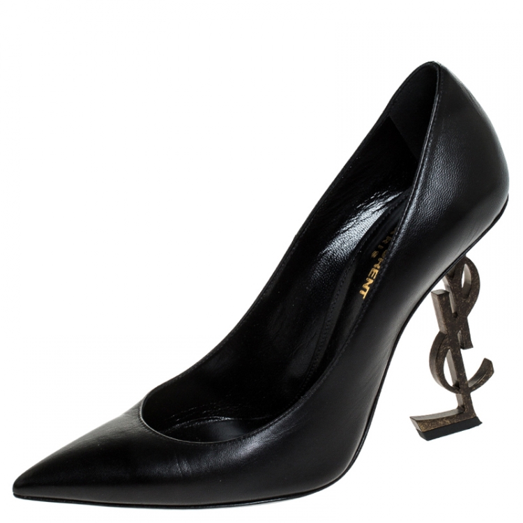 Pre Owned Saint Laurent Black Leather Logo Heel Pointed Toe Pumps Size 37.5
