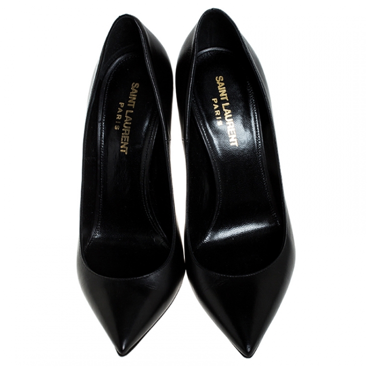 Pre Owned Saint Laurent Black Leather Logo Heel Pointed Toe Pumps Size 37.5