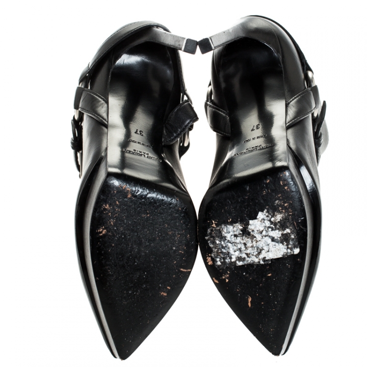 Pre Owned Saint Laurent Black Leather Platform Ankle Booties Size 37