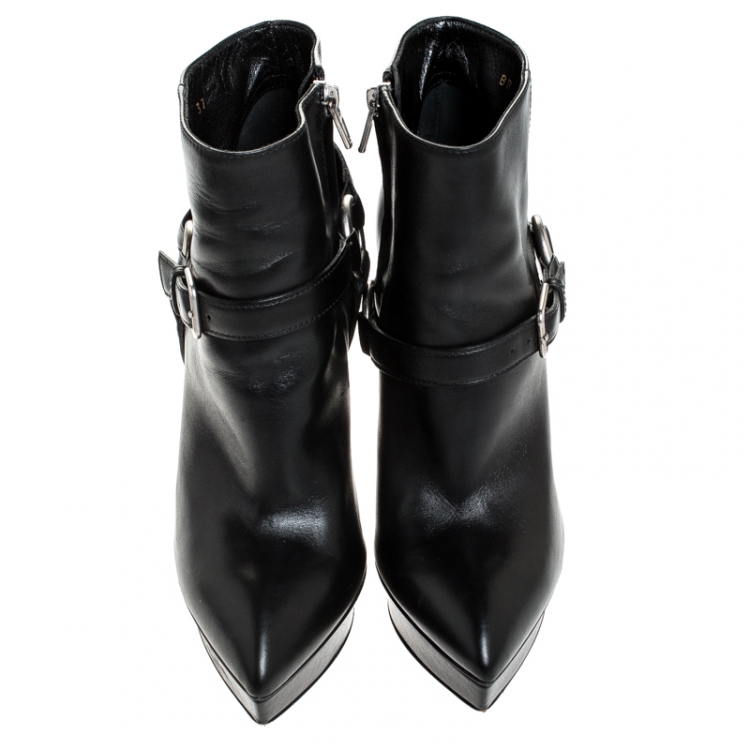 Pre Owned Saint Laurent Black Leather Platform Ankle Booties Size 37