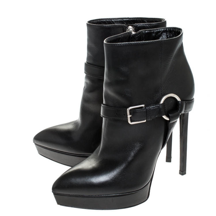 Pre Owned Saint Laurent Black Leather Platform Ankle Booties Size 37
