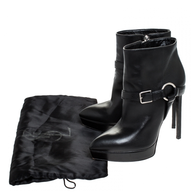 Pre Owned Saint Laurent Black Leather Platform Ankle Booties Size 37