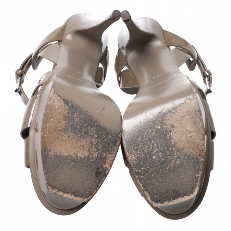 Pre Owned Saint Laurent Paris Beige Patent Leather Tribute Ankle Strap Sandals Size 39.5
