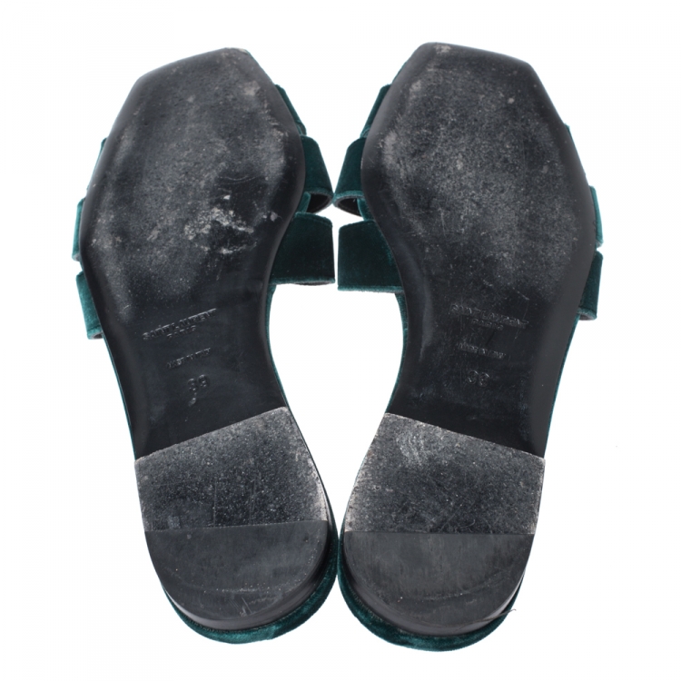 Pre Owned Saint Laurent Green Velvet Tribute Flat Slides Size 39