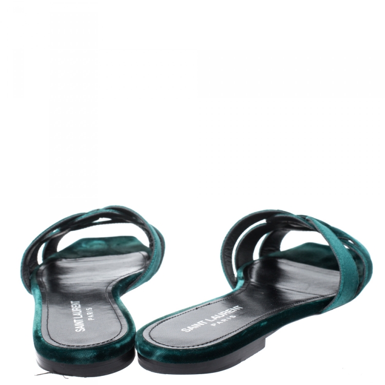 Pre Owned Saint Laurent Green Velvet Tribute Flat Slides Size 39