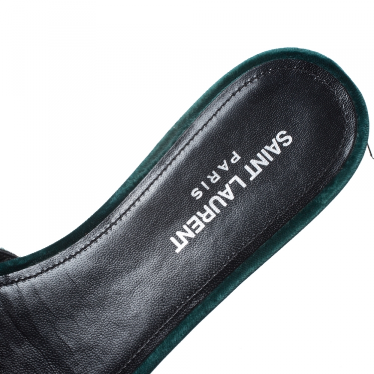 Pre Owned Saint Laurent Green Velvet Tribute Flat Slides Size 39