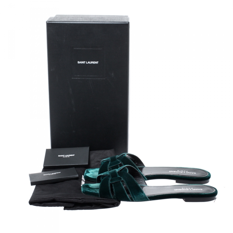 Pre Owned Saint Laurent Green Velvet Tribute Flat Slides Size 39