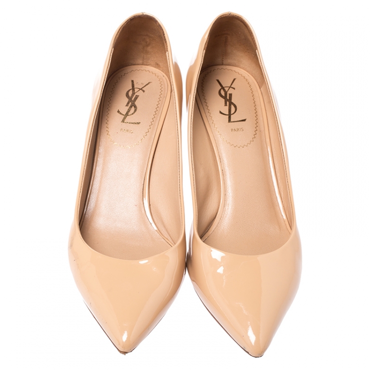 Pre Owned Saint Laurent Paris Beige Patent Leather Classic Pointed Toe Pumps Size 40