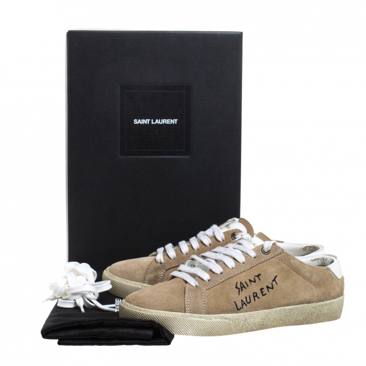 Pre Owned Saint Laurent Paris Beige Suede Court Classic Low Top Sneakers Size 37.5