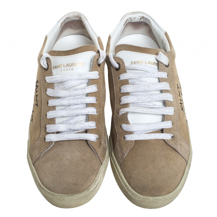 Pre Owned Saint Laurent Paris Beige Suede Court Classic Low Top Sneakers Size 37.5