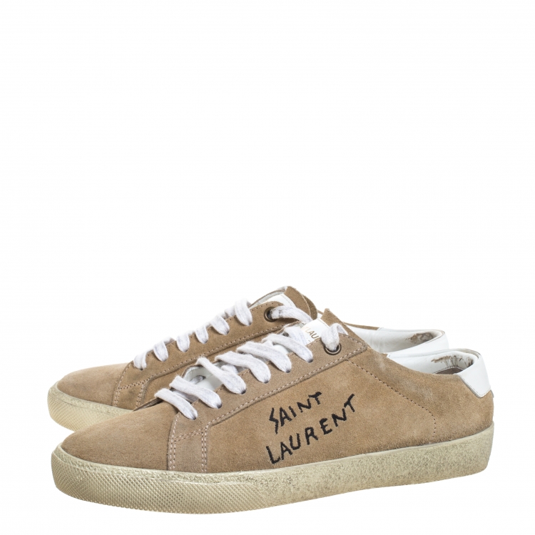 Pre Owned Saint Laurent Paris Beige Suede Court Classic Low Top Sneakers Size 37.5