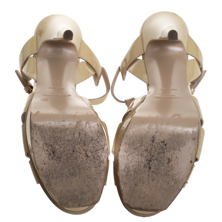 Pre Owned Saint Laurent Paris Beige Patent Leather Tribute Platform Sandals Size 37